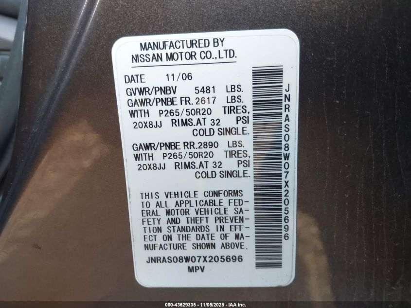 2007 Infiniti Fx35 VIN: JNRAS08W07X205696 Lot: 43629335