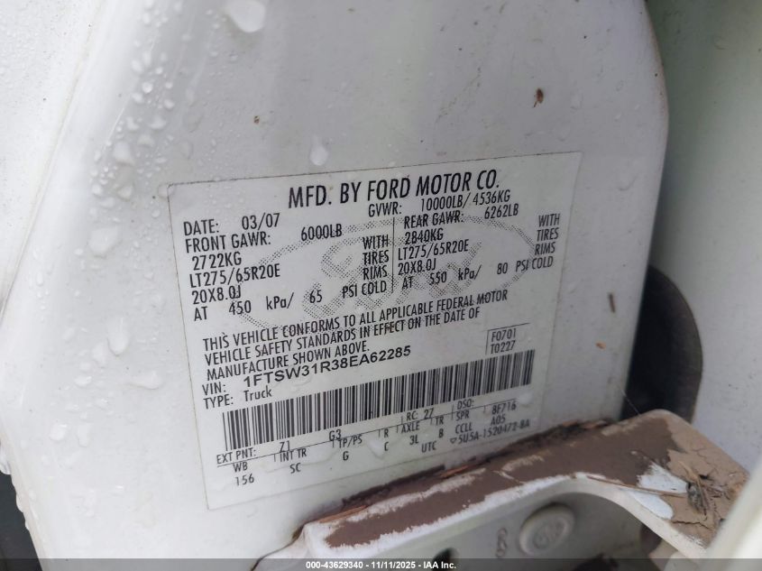 2008 Ford F-350 Fx4/Harley-Davidson/King Ranch/Lariat/Xl/Xlt VIN: 1FTSW31R38EA62285 Lot: 43629340