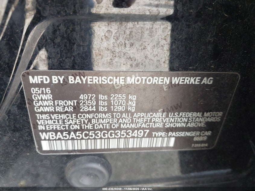 2016 BMW 528I WBA5A5C53GG353497