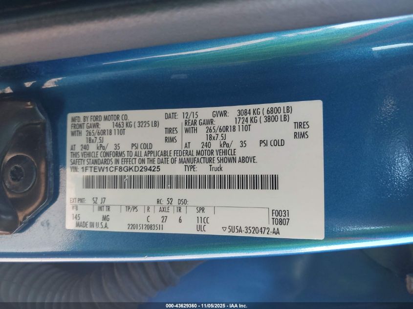 2016 Ford F150 Supercrew VIN: 1FTEW1CF8GKD29425 Lot: 43629360