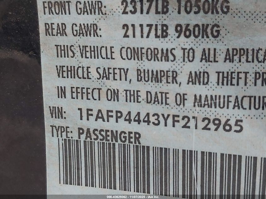 2000 Ford Mustang VIN: 1FAFP4443YF212965 Lot: 43629362