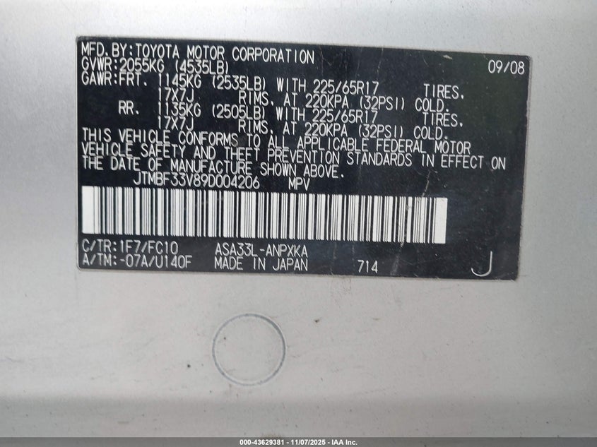 2009 Toyota Rav4 VIN: JTMBF33V89D004206 Lot: 43629381