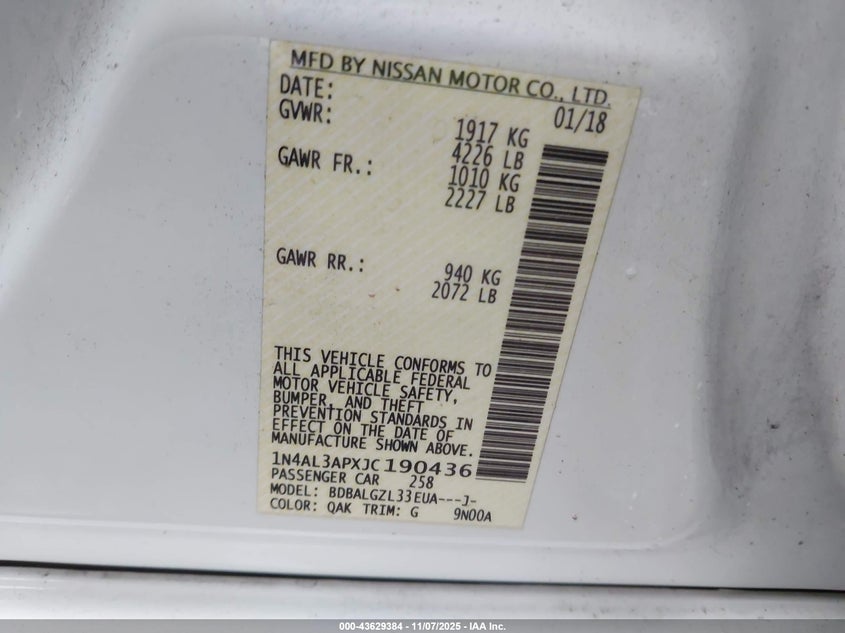 2018 NISSAN ALTIMA 2.5 S 1N4AL3APXJC190436