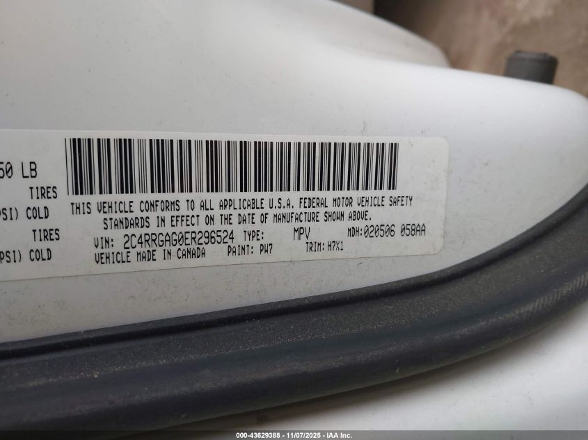 2014 Ram Cargo Tradesman VIN: 2C4RRGAG0ER296524 Lot: 43629388