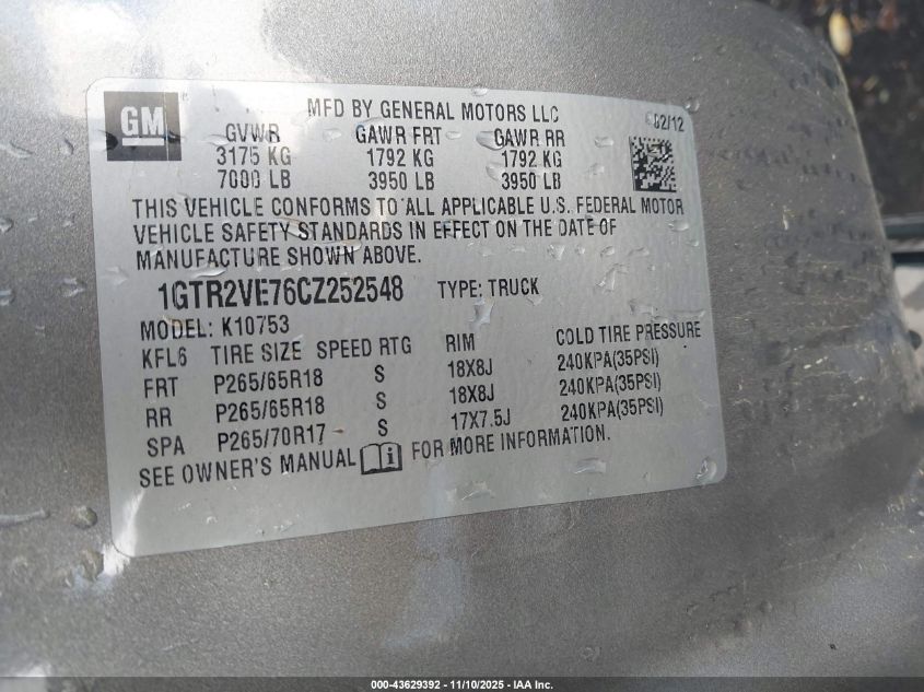 2012 GMC Sierra 1500 Sle VIN: 1GTR2VE76CZ252548 Lot: 43629392