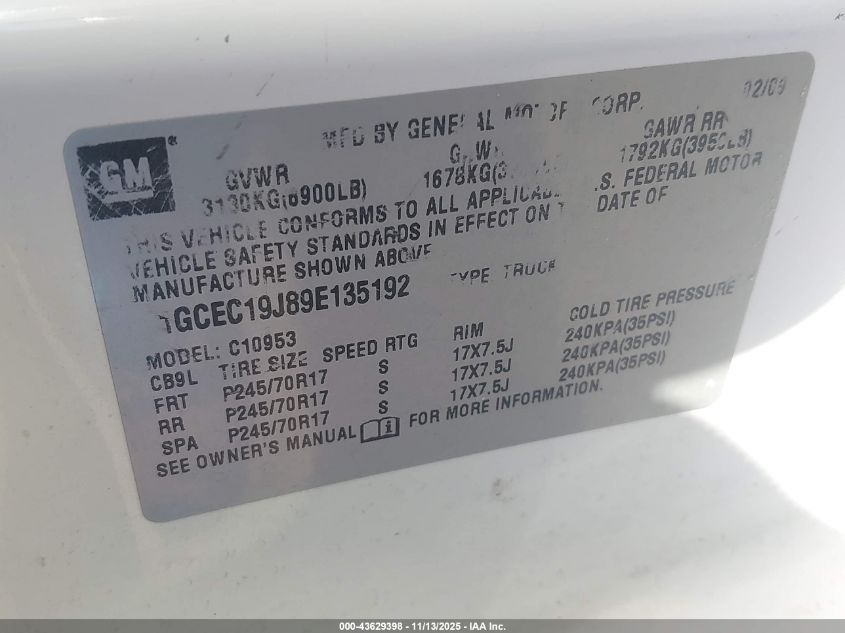 2009 Chevrolet Silverado 1500 Work Truck VIN: 1GCEC19J89E135192 Lot: 43629398