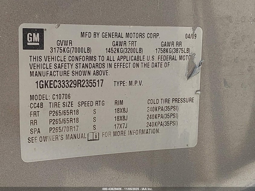 2009 GMC Yukon Slt2 VIN: 1GKEC33329R235517 Lot: 43629406