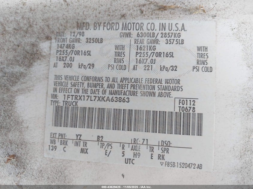 1999 Ford F-150 Lariat/Xl/Xlt VIN: 1FTRX17L7XKA63863 Lot: 43629425