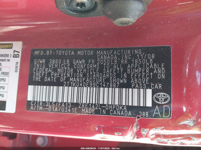 2009 Toyota Matrix VIN: 2T1KU40E99C147887 Lot: 43629435