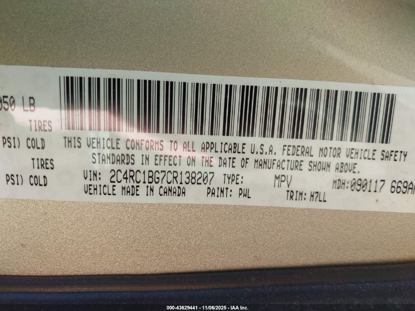 2012 Chrysler Town & Country Touring VIN: 2C4RC1BG7CR138207 Lot: 43629441