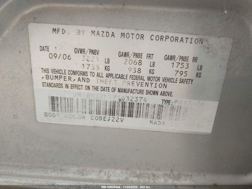 2007 Mazda Mazda3 I VIN: JM1BK32F771632374 Lot: 43629444