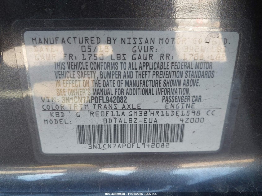 2015 NISSAN VERSA 1.6 SV - 3N1CN7AP0FL942082