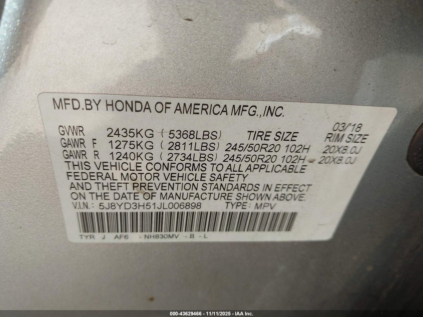 2018 Acura Mdx Technology Package Acurawatch Plus Pkg VIN: 5J8YD3H51JL006898 Lot: 43629466