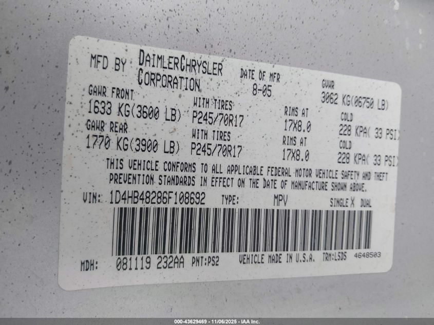 2006 Dodge Durango Slt VIN: 1D4HB48286F108692 Lot: 43629469