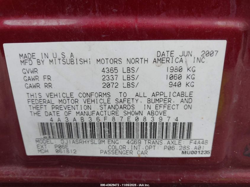 2007 Mitsubishi Galant Es/Se VIN: 4A3AB36F87E083974 Lot: 43629472