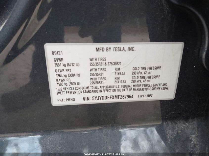 2021 Tesla Model Y Performance Dual Motor All-Wheel Drive VIN: 5YJYGDEFXMF267964 Lot: 43629477