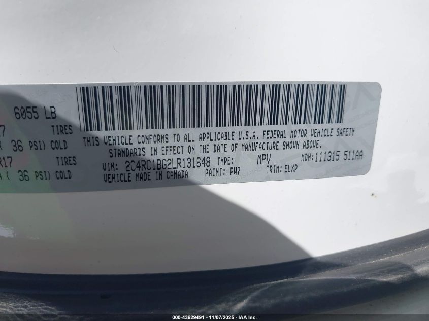 2020 Chrysler Pacifica Touring L VIN: 2C4RC1BG2LR131648 Lot: 43629491