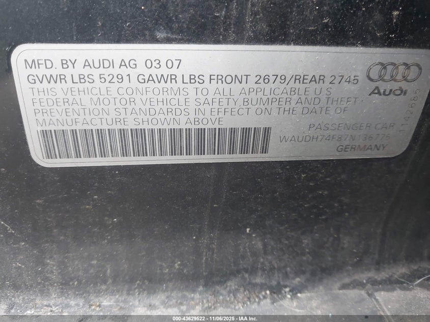 2007 Audi A6 3.2 VIN: WAUDH74F87N136775 Lot: 43629522