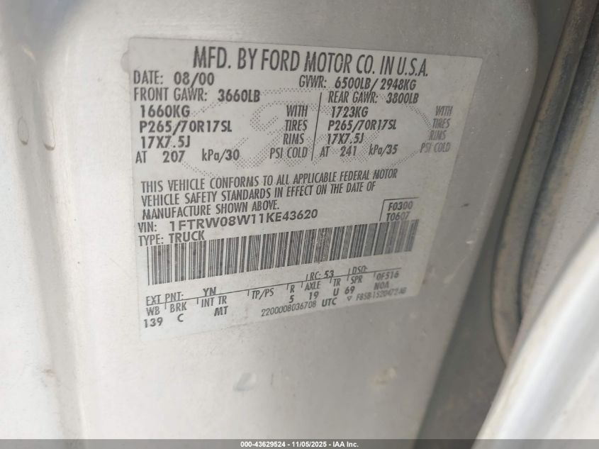 2001 Ford F-150 King Ranch Edition/Lariat/Xlt VIN: 1FTRW08W11KE43620 Lot: 43629524
