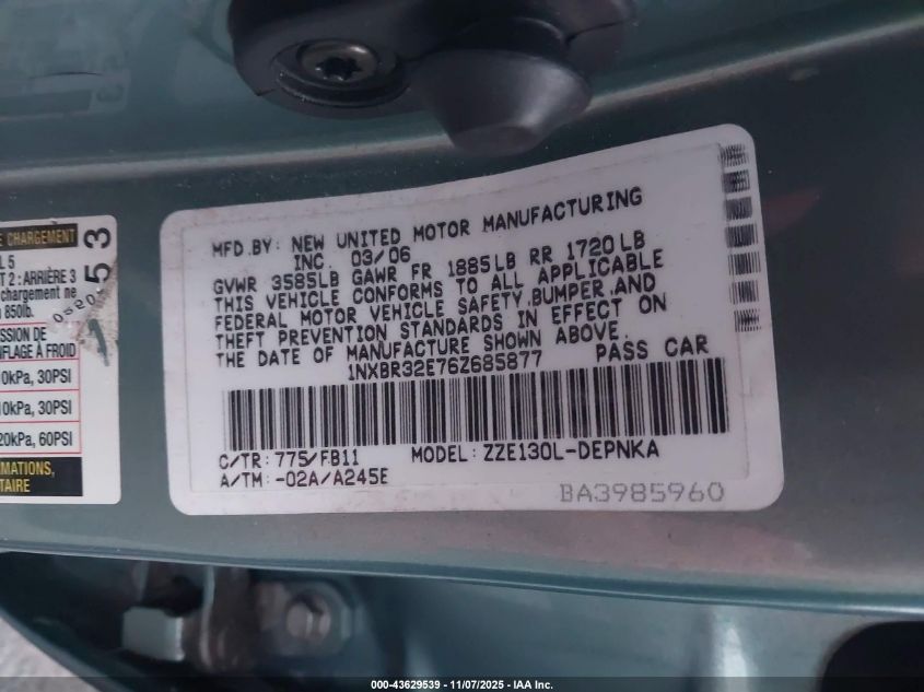 2006 Toyota Corolla Le VIN: 1NXBR32E76Z685877 Lot: 43629539