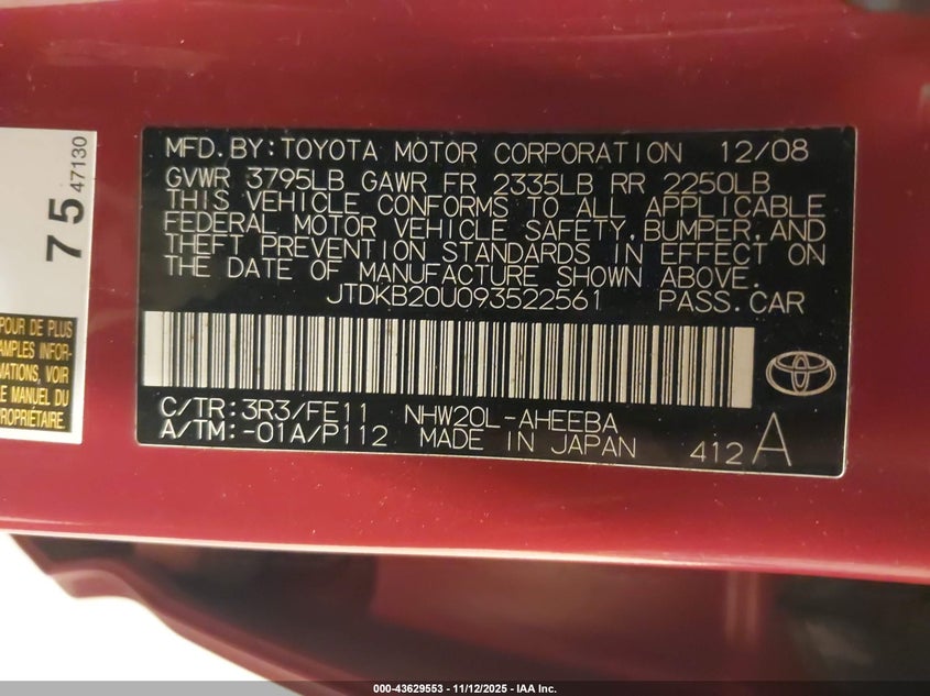 JTDKB20U093522561 2009 TOYOTA PRIUS photo no. 9