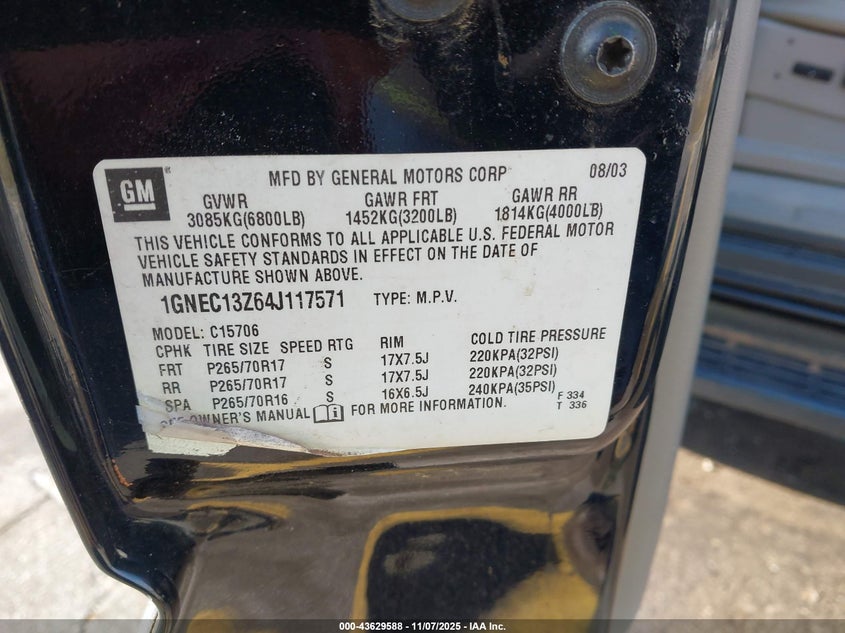 2004 Chevrolet Tahoe Lt VIN: 1GNEC13Z64J117571 Lot: 43629588