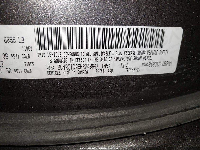 2017 Chrysler Pacifica Touring VIN: 2C4RC1DG5HR748644 Lot: 43629598