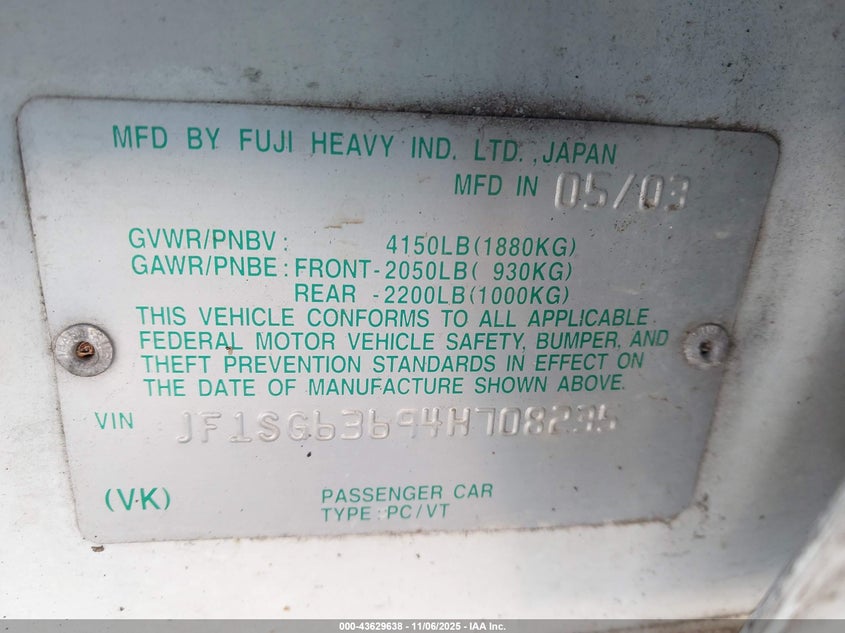 2004 Subaru Forester 2.5X VIN: JF1SG63694H708235 Lot: 43629638