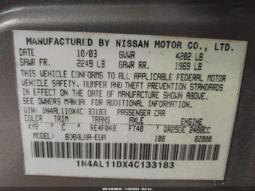2004 Nissan Altima 2.5 S VIN: 1N4AL11DX4C133183 Lot: 43629649