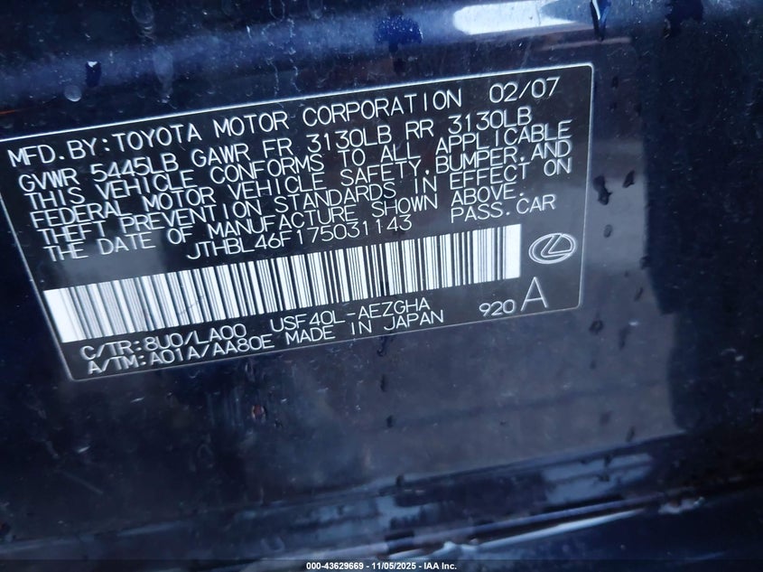 2007 Lexus Ls 460 VIN: JTHBL46F175031143 Lot: 43629669