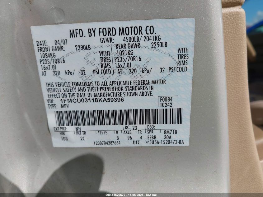2008 Ford Escape Xlt VIN: 1FMCU03118KA59396 Lot: 43629670