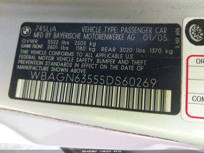 2005 BMW 745Li VIN: WBAGN63555DS60269 Lot: 43629687