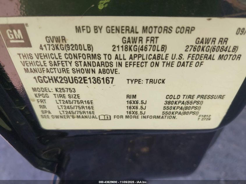 2002 Chevrolet Silverado 2500Hd Lt VIN: 1GCHK29U62E136167 Lot: 43629690