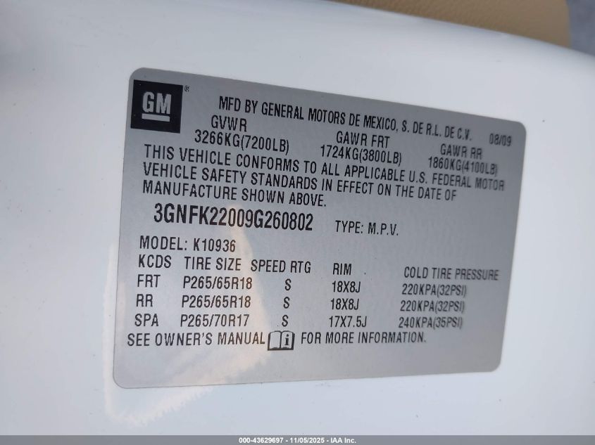2009 Chevrolet Avalanche 1500 Lt2 VIN: 3GNFK22009G260802 Lot: 43629697