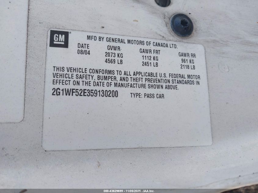 2005 Chevrolet Impala VIN: 2G1WF52E359130200 Lot: 43629699