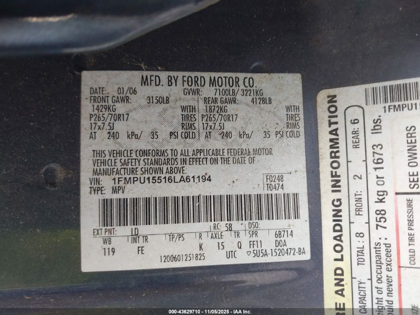 2006 Ford Expedition Xlt/Xlt Sport VIN: 1FMPU15516LA61194 Lot: 43629710