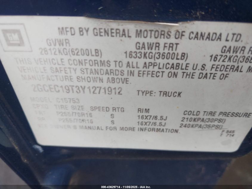 2000 Chevrolet Silverado 1500 Ls VIN: 2GCEC19T3Y1271912 Lot: 43629714