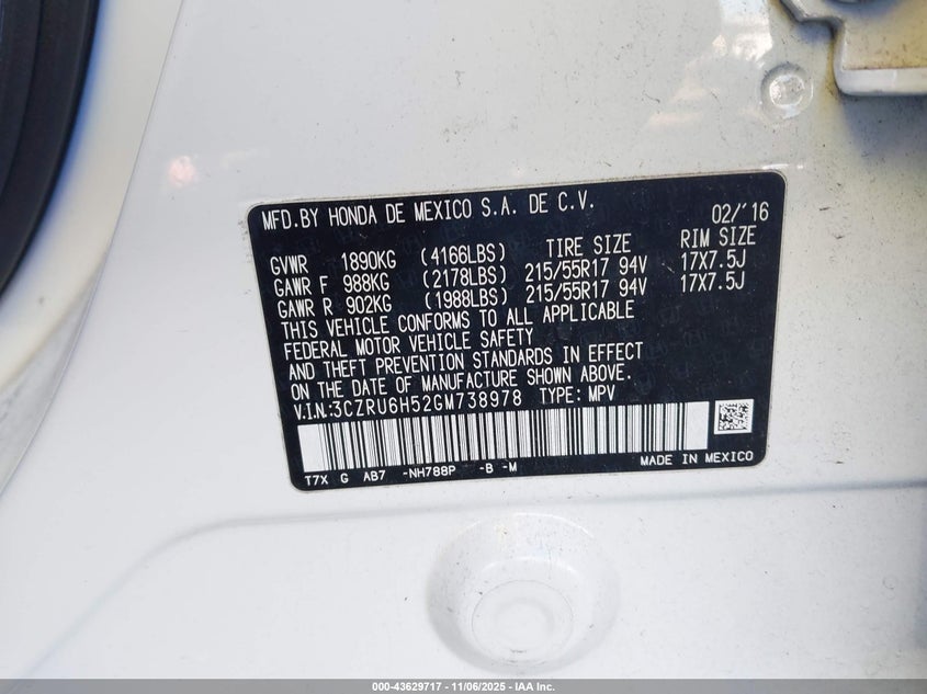 2016 HONDA HR-V EX - 3CZRU6H52GM738978