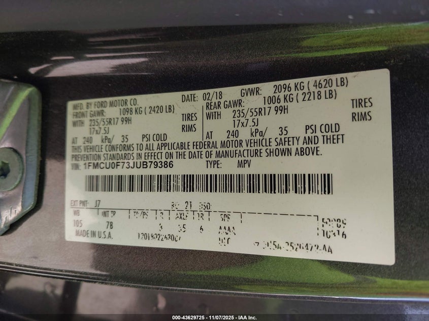 2018 FORD ESCAPE S 1FMCU0F73JUB79386