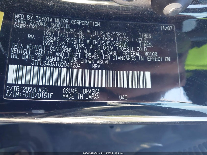 JTEES43A182043284 2008 TOYOTA HIGHLANDER photo no. 9