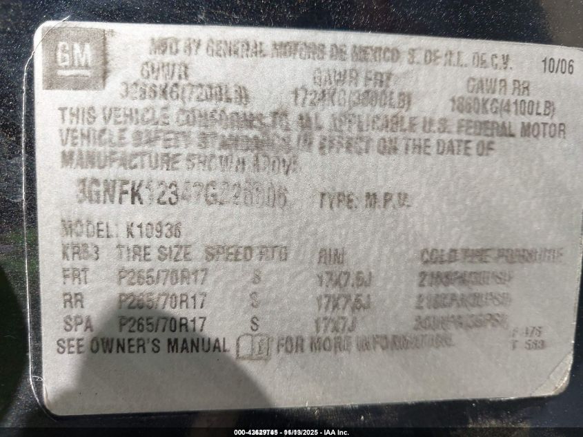 2007 Chevrolet Avalanche 1500 Ls VIN: 3GNFK12347G226606 Lot: 43629745