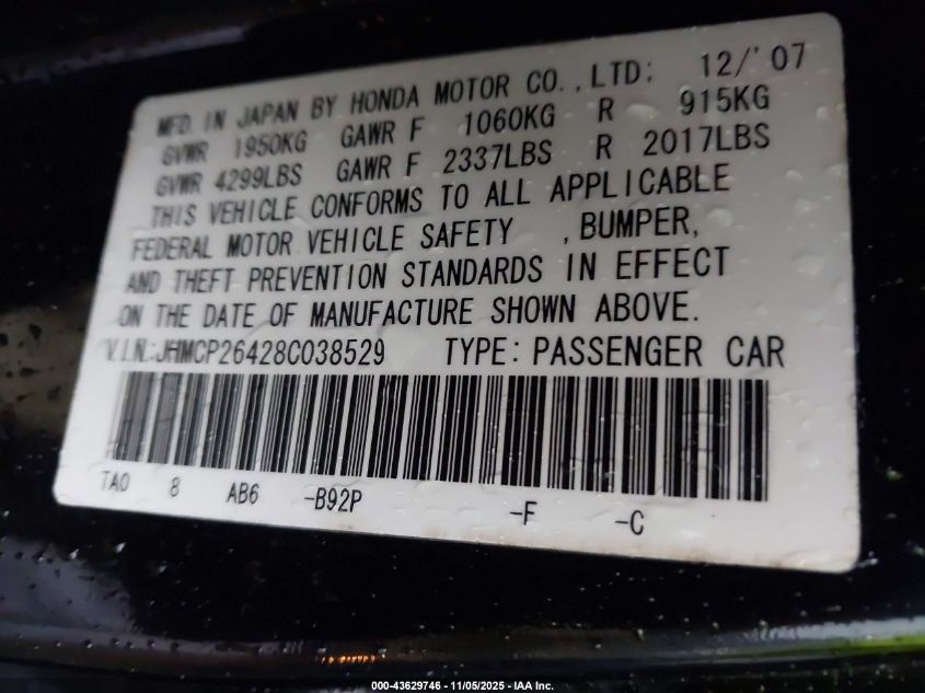 2008 Honda Accord 2.4 Lx-P VIN: JHMCP26428C038529 Lot: 43629746