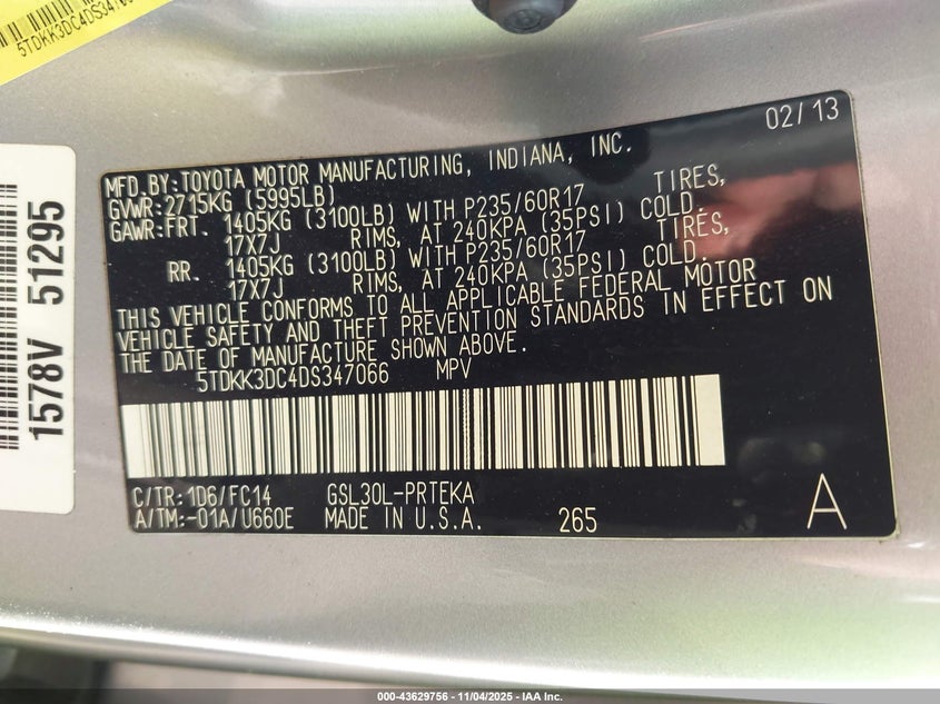 2013 TOYOTA SIENNA LE V6 8 PASSENGER 5TDKK3DC4DS347066