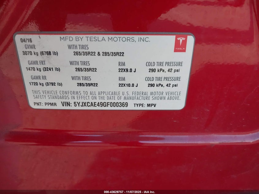 2016 Tesla Model X 60D/P100D/P90D VIN: 5YJXCAE49GF000369 Lot: 43629757