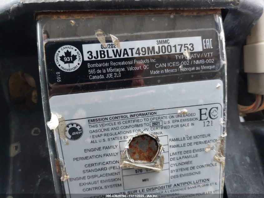 2021 Can-Am Outlander X Mr 570 VIN: 3JBLWAT49MJ001753 Lot: 43629764
