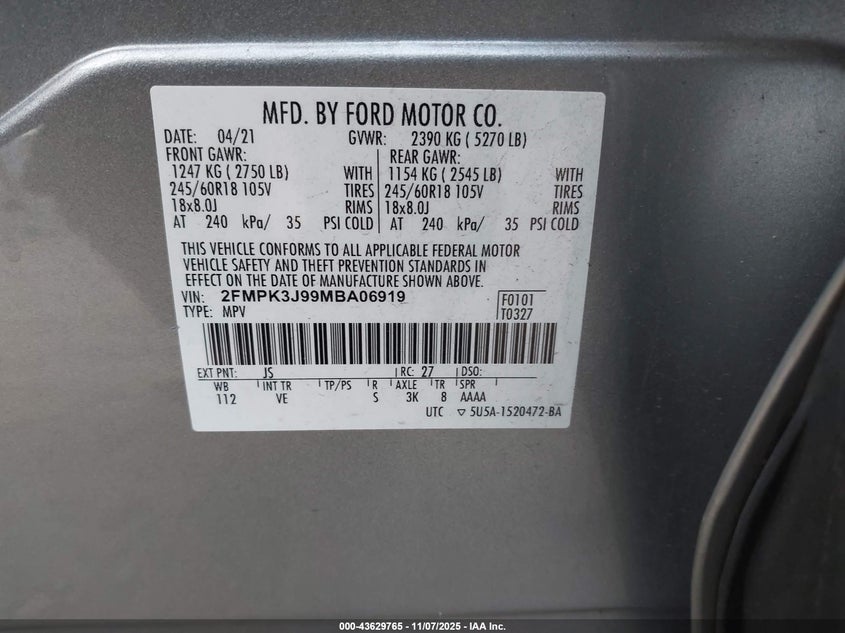 2021 FORD EDGE SEL 2FMPK3J99MBA06919