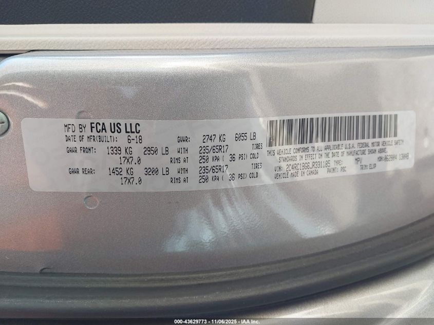 2018 Chrysler Pacifica Touring L VIN: 2C4RC1BG6JR331185 Lot: 43629773