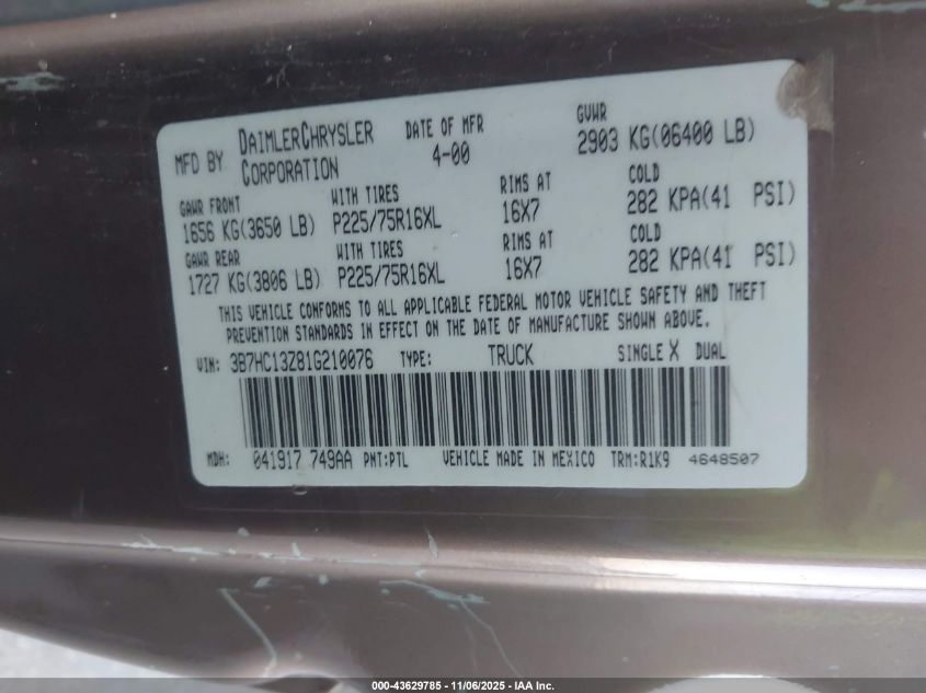 2001 Dodge Ram 1500 VIN: 3B7HC13Z81G210076 Lot: 43629785