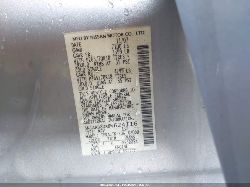 5N1AA08DX8N624116 2008 NISSAN ARMADA photo no. 9