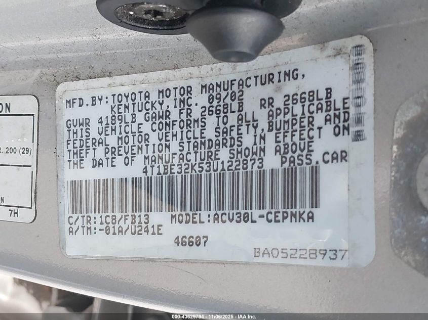 2003 Toyota Camry Le VIN: 4T1BE32K53U122873 Lot: 43629794